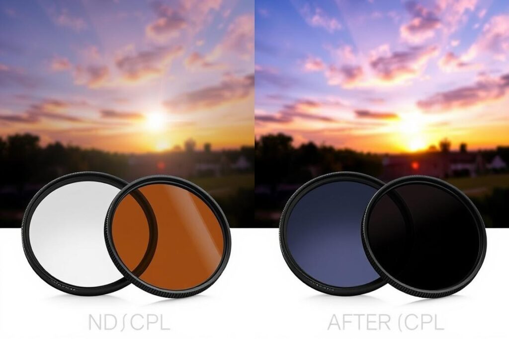 Filter fotografi ND dan CPL dengan contoh hasil penggunaannya, menampilkan aksesoris kamera penting Filter fotografi ND dan CPL dengan contoh hasil penggunaannya, menampilkan aksesoris kamera penting