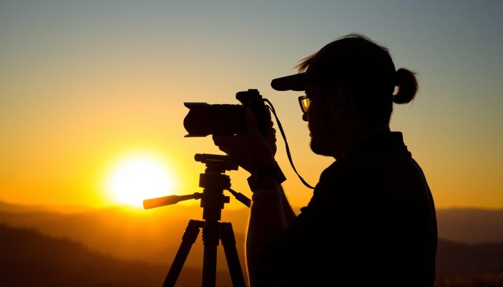 Fotografer sedang mengambil foto pemandangan dengan kamera DSLR saat matahari terbenam, menampilkan seni fotografi dan inspirasi visual
