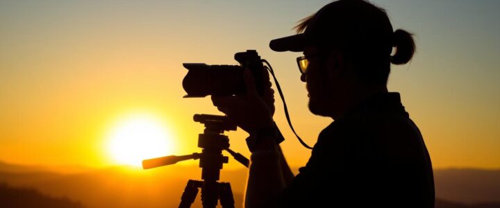 Fotografer sedang mengambil foto pemandangan dengan kamera DSLR saat matahari terbenam, menampilkan seni fotografi dan inspirasi visual