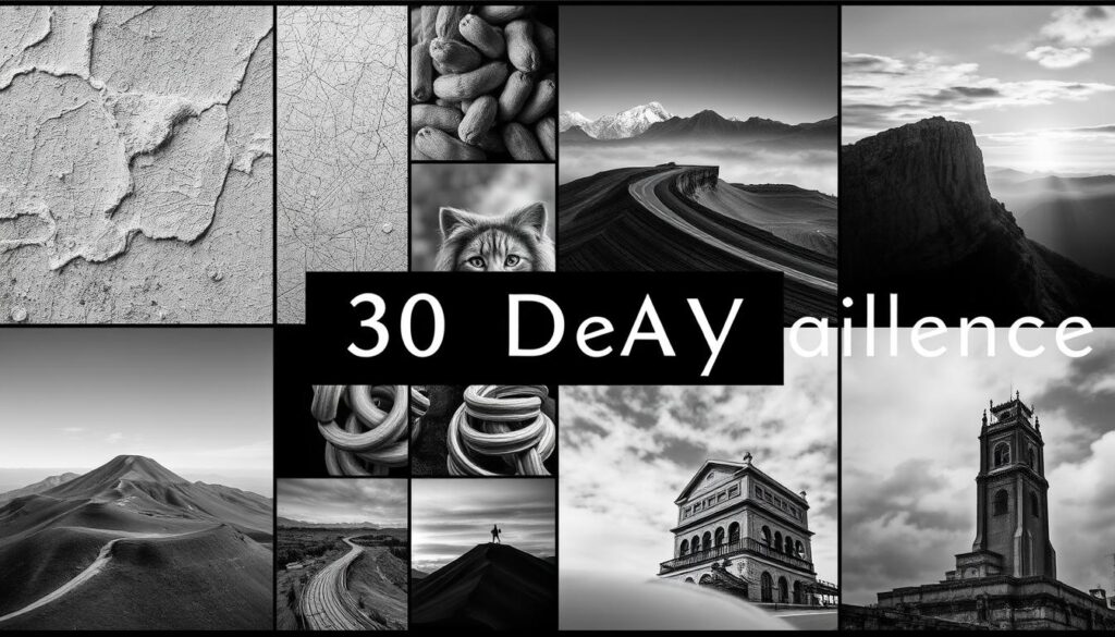 Kolase foto hitam putih yang menunjukkan berbagai subjek dan teknik untuk challenge 30 hari foto monokrom, menampilkan inspirasi visual fotografi Kolase foto hitam putih yang menunjukkan berbagai subjek dan teknik untuk challenge 30 hari foto monokrom, menampilkan inspirasi visual fotografi
