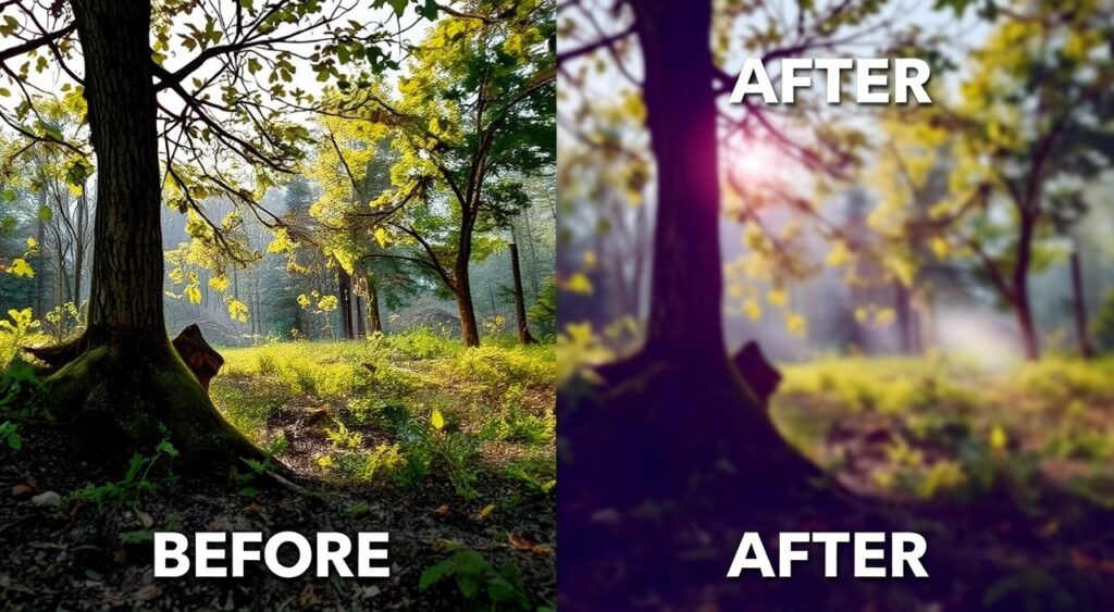 Perbandingan foto sebelum dan sesudah penerapan tips fotografi pada pemandangan yang sama, menunjukkan perbedaan hasil fotografi Perbandingan foto sebelum dan sesudah penerapan tips fotografi pada pemandangan yang sama, menunjukkan perbedaan hasil fotografi
