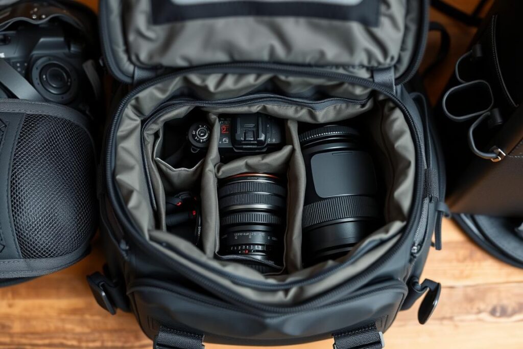 Tas kamera fungsional dengan kompartemen yang dapat disesuaikan untuk perlindungan gear fotografi, menunjukkan aksesoris fotografi penting Tas kamera fungsional dengan kompartemen yang dapat disesuaikan untuk perlindungan gear fotografi, menunjukkan aksesoris fotografi penting